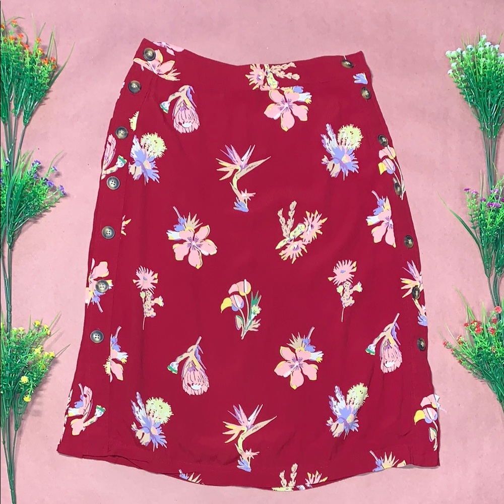 Madewell Red Floral Button Midi Skirt